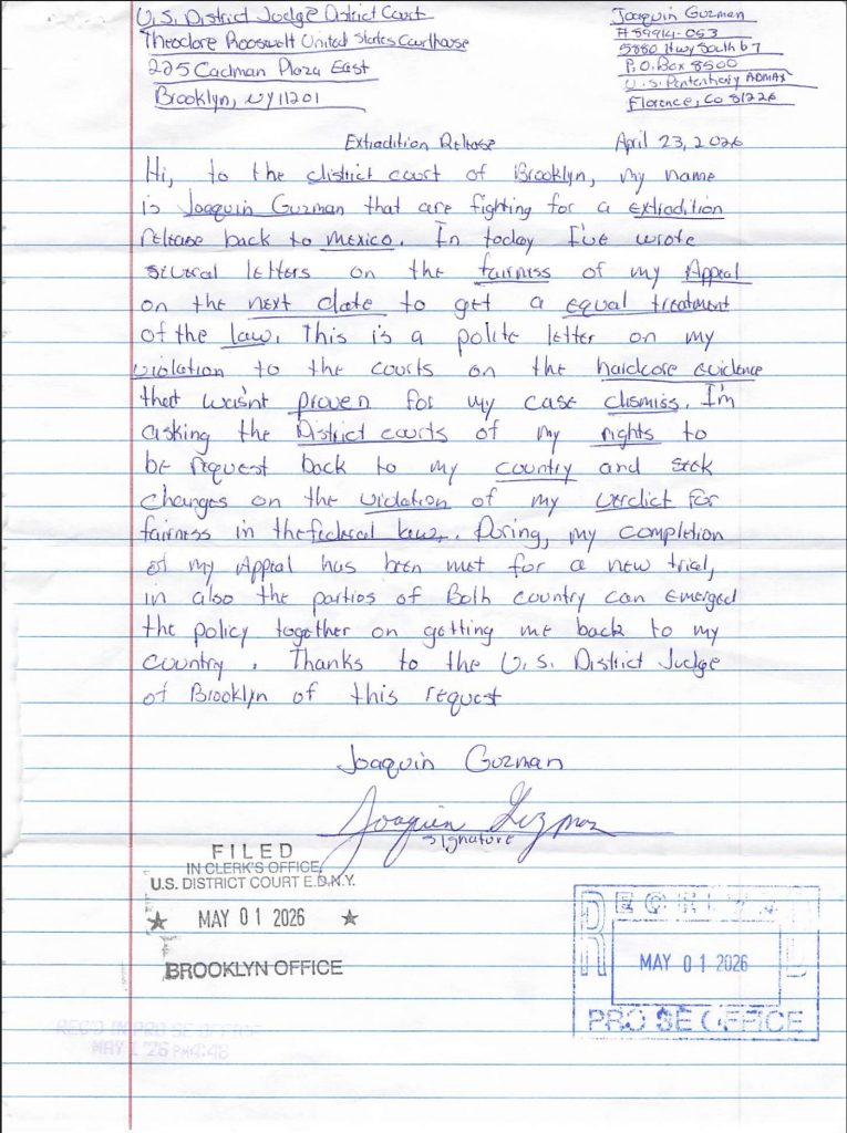 «EL CHAPO» GUZMÁN, ENVIÓ UNA CARTA DIRIGIDA A UNA CORTE FEDERAL EN BROOKLYN